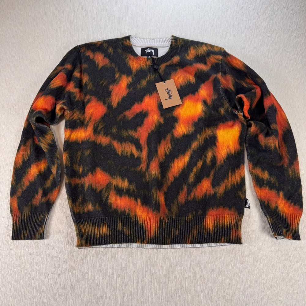 Stussy Printed Fur Sweater Tiger Orange Black Animal Print Mens Size M